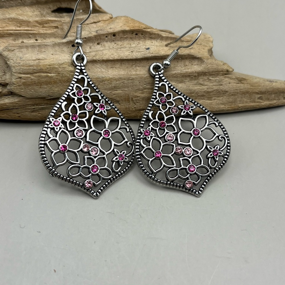 Floral Silver and Sparkling Pink Earrings